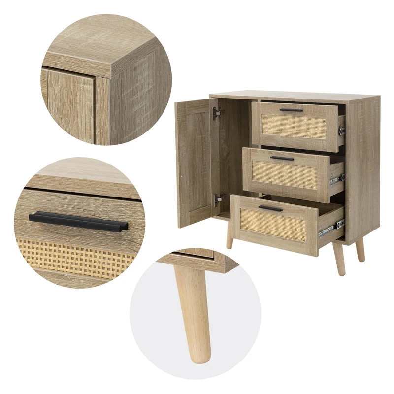 Kommode Sideboard mit Softclose Tür & 3 Schubladen 74x76x30 cm Eiche-Optik mit Rattanfront ML-Design