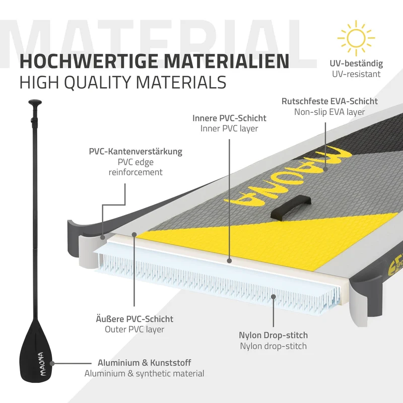 Stand Up Paddle aufblasbares SUP Board Maona 308x76x10 cm in Grau aus PVC inkl. Pumpe und Tragetasche
