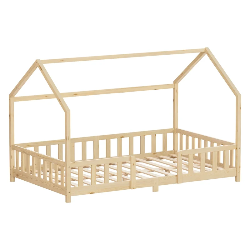 B-Ware Kinderbett Hausbett 120x200 cm aus Kiefernholz Natur mit Rausfallschutz Dach und Lattenrost Holzbett ML-Design