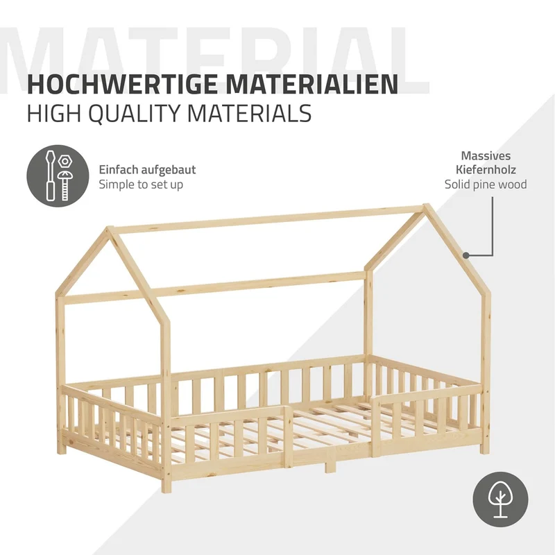 B-Ware Kinderbett Hausbett 120x200 cm aus Kiefernholz Natur mit Rausfallschutz Dach und Lattenrost Holzbett ML-Design