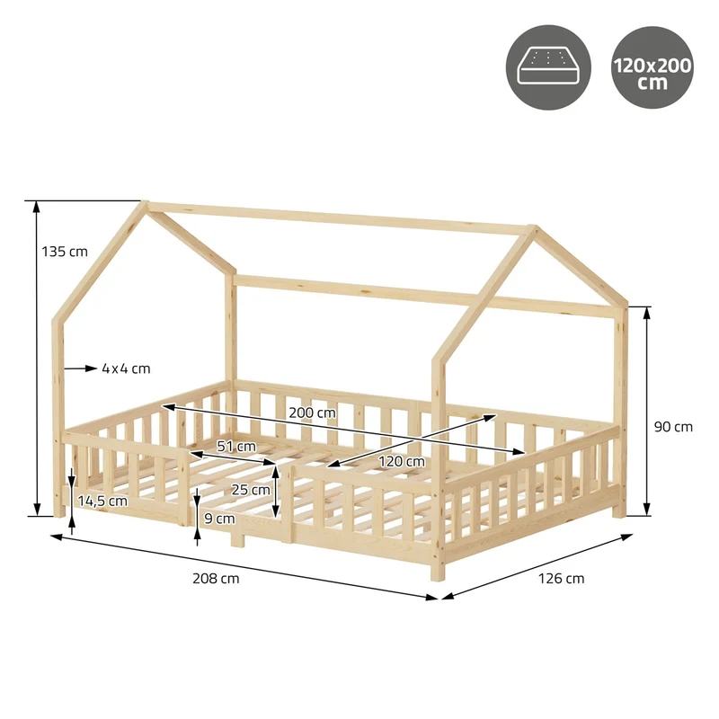 B-Ware Kinderbett Hausbett 120x200 cm aus Kiefernholz Natur mit Rausfallschutz Dach und Lattenrost Holzbett ML-Design