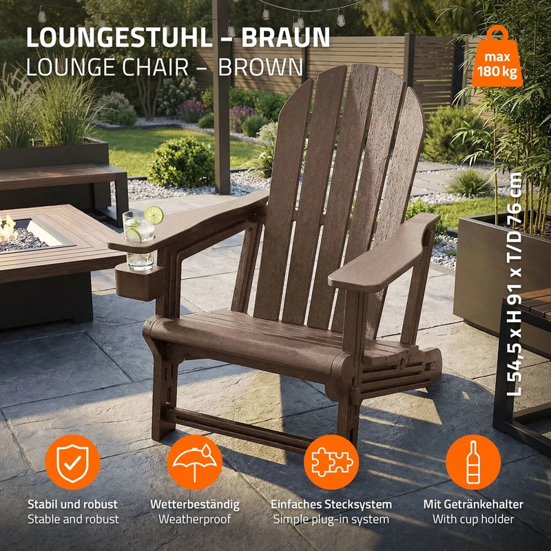 B-Ware Gartenstuhl Adirondack Stuhl Sonnenstuhl wetterfest aus HDPE Kunststoff bis 180 kg Braun Gartensessel ML-Design