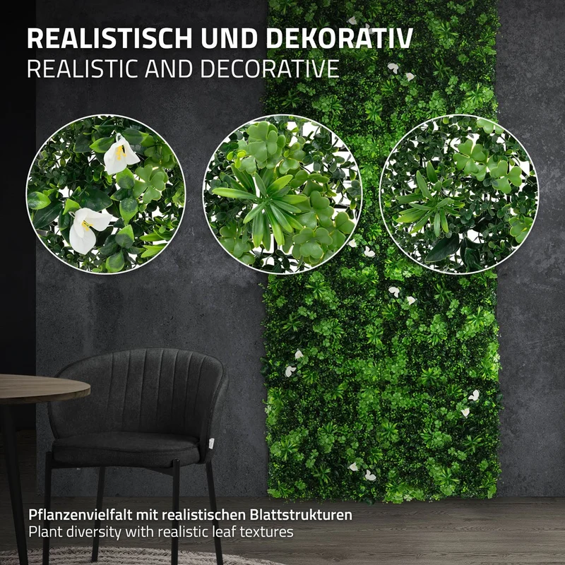 ECD Germany | Künstliche Pflanzenwand White Jasmine 4er Set 50x50 cm Grün Kunstpflanzen Wandpaneele Indoor Outdoor Blumenwand Sichtschutz Wandpflanzen