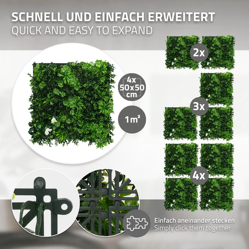 ECD Germany | Künstliche Pflanzenwand White Jasmine 4er Set 50x50 cm Grün Kunstpflanzen Wandpaneele Indoor Outdoor Blumenwand Sichtschutz Wandpflanzen