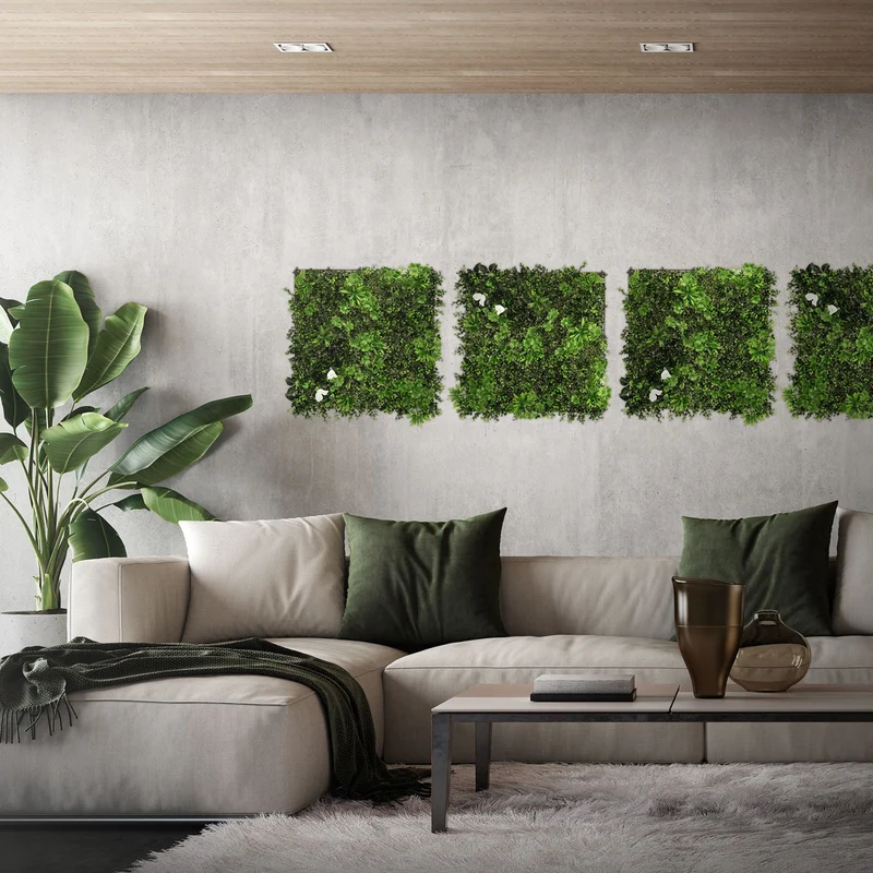 ECD Germany | Künstliche Pflanzenwand White Jasmine 4er Set 50x50 cm Grün Kunstpflanzen Wandpaneele Indoor Outdoor Blumenwand Sichtschutz Wandpflanzen