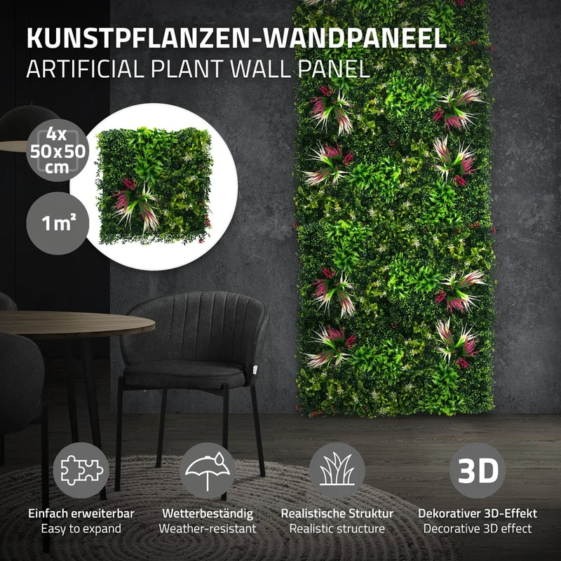 ECD Germany | Künstliche Pflanzenwand Tropical Pink 4er Set 50x50 cm Grün Kunstpflanzen Wandpaneele Indoor Outdoor Blumenwand Sichtschutz Wandpflanzen