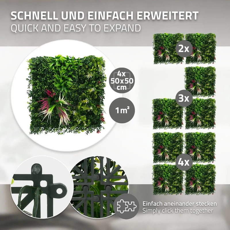 ECD Germany | Künstliche Pflanzenwand Tropical Pink 4er Set 50x50 cm Grün Kunstpflanzen Wandpaneele Indoor Outdoor Blumenwand Sichtschutz Wandpflanzen