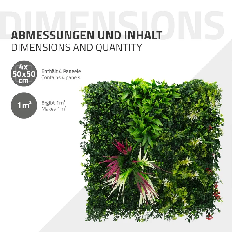 ECD Germany | Künstliche Pflanzenwand Tropical Pink 4er Set 50x50 cm Grün Kunstpflanzen Wandpaneele Indoor Outdoor Blumenwand Sichtschutz Wandpflanzen