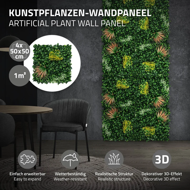 ECD Germany | Künstliche Pflanzenwand Copper Leaf 4er Set 50x50 cm Grün Kunstpflanzen Wandpaneele Indoor Outdoor Blumenwand Sichtschutz Wandpflanzen