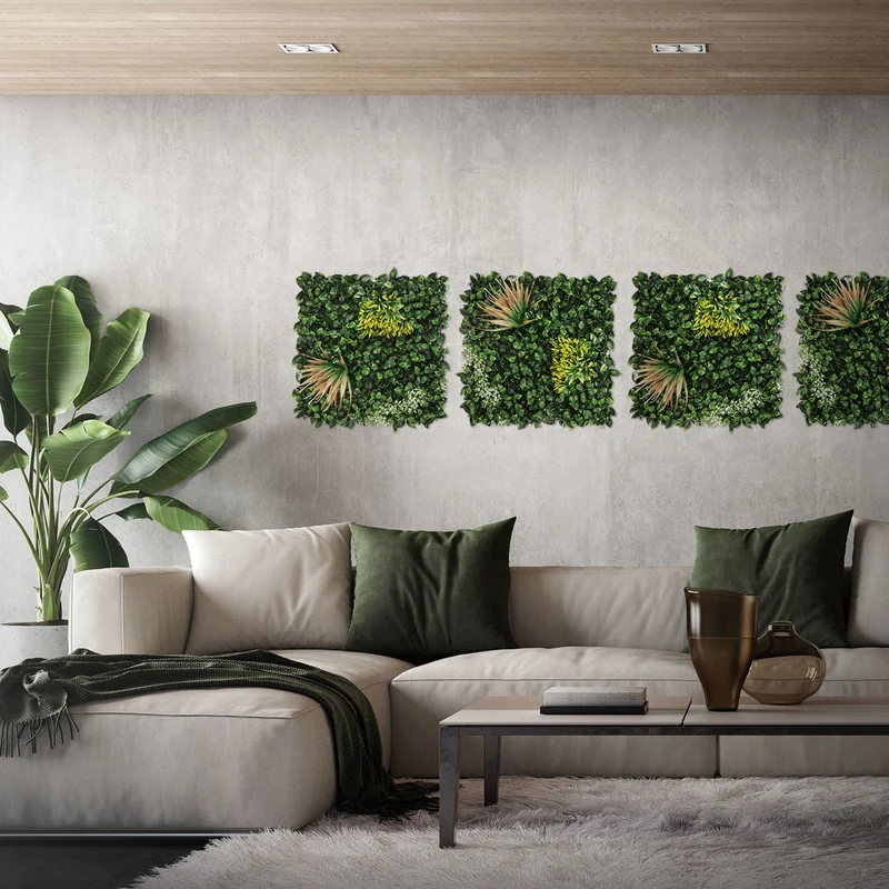 ECD Germany | Künstliche Pflanzenwand Copper Leaf 4er Set 50x50 cm Grün Kunstpflanzen Wandpaneele Indoor Outdoor Blumenwand Sichtschutz Wandpflanzen
