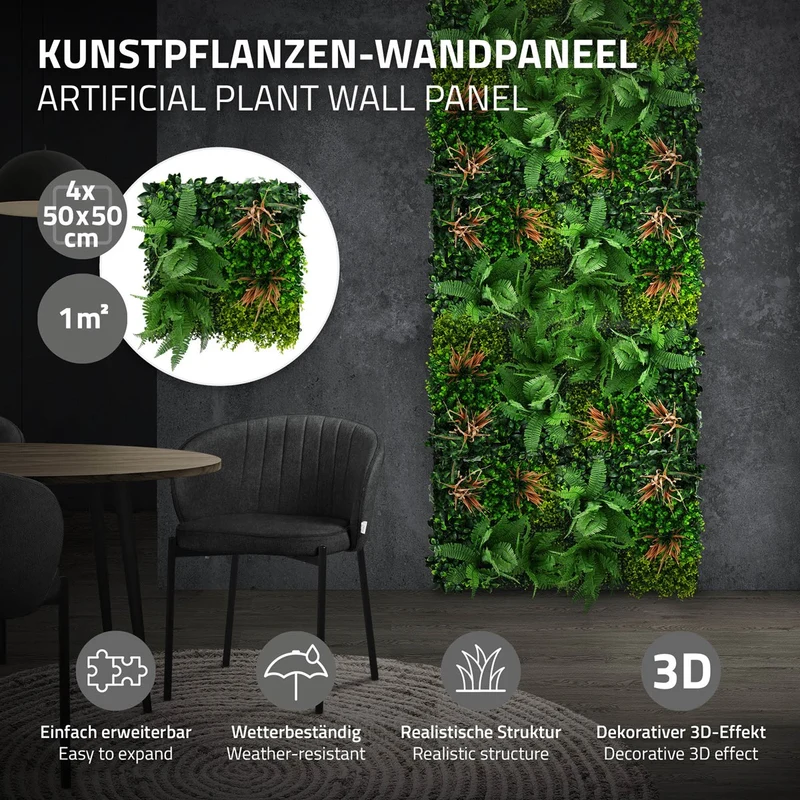 ECD Germany | Künstliche Pflanzenwand Tropical Mix 4er Set 50x50 cm Grün Kunstpflanzen Wandpaneele Indoor Outdoor Blumenwand Sichtschutz Wandpflanzen