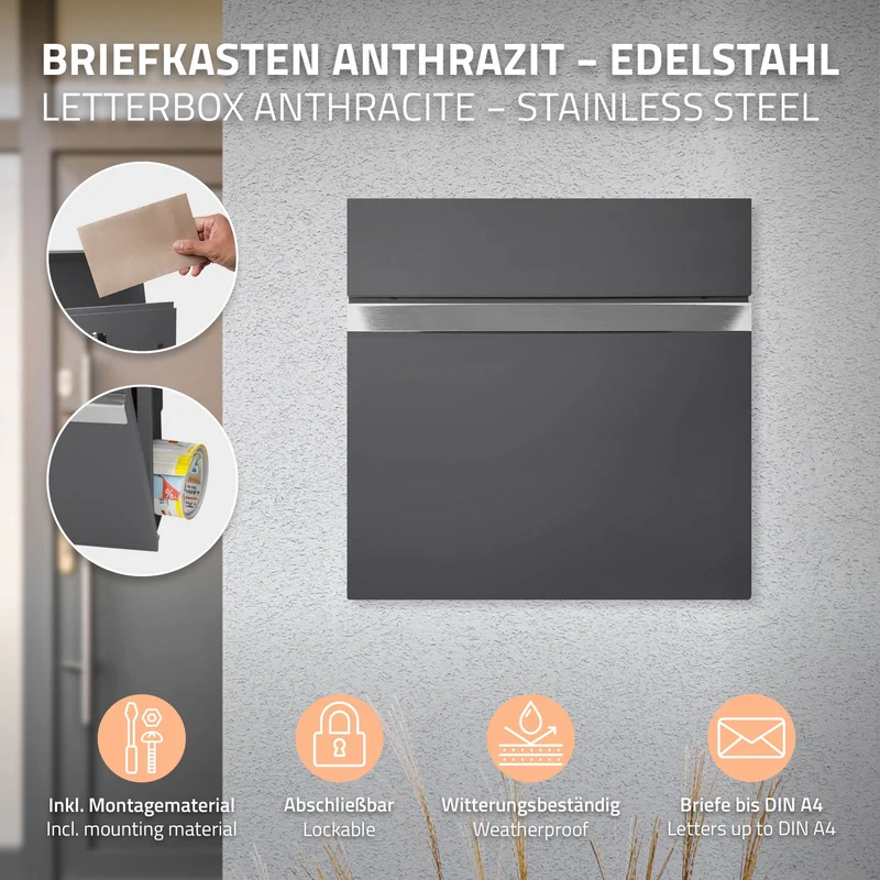 Standbriefkasten mit Zeitungsfach 37 cm Anthrazit inkl. Ständer 120 cm hoch Silber Briefkasten freistehend