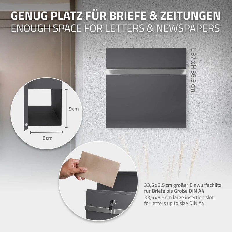 Standbriefkasten mit Zeitungsfach 37 cm Anthrazit inkl. Ständer 120 cm hoch Silber Briefkasten freistehend