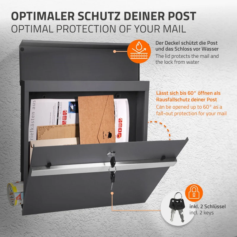 Standbriefkasten mit Zeitungsfach 37 cm Anthrazit inkl. Ständer 170 cm hoch Anthrazit Briefkasten freistehend