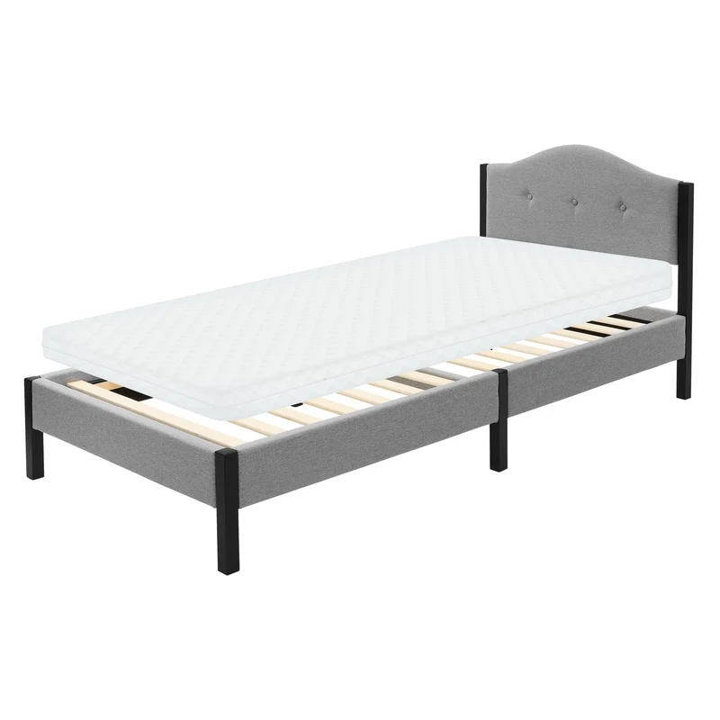Polsterbett 90x200 cm mit Matratze H:10cm, Grau, Einzelbett mit stabilem Bettgestell, Bett mit gepolstertes Kopfteil & Lattenrost, Jugendbett ML-Design