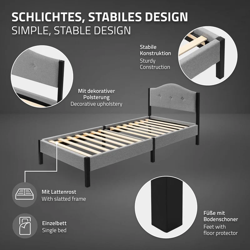 Polsterbett 90x200 cm mit Matratze H:10cm, Grau, Einzelbett mit stabilem Bettgestell, Bett mit gepolstertes Kopfteil & Lattenrost, Jugendbett ML-Design