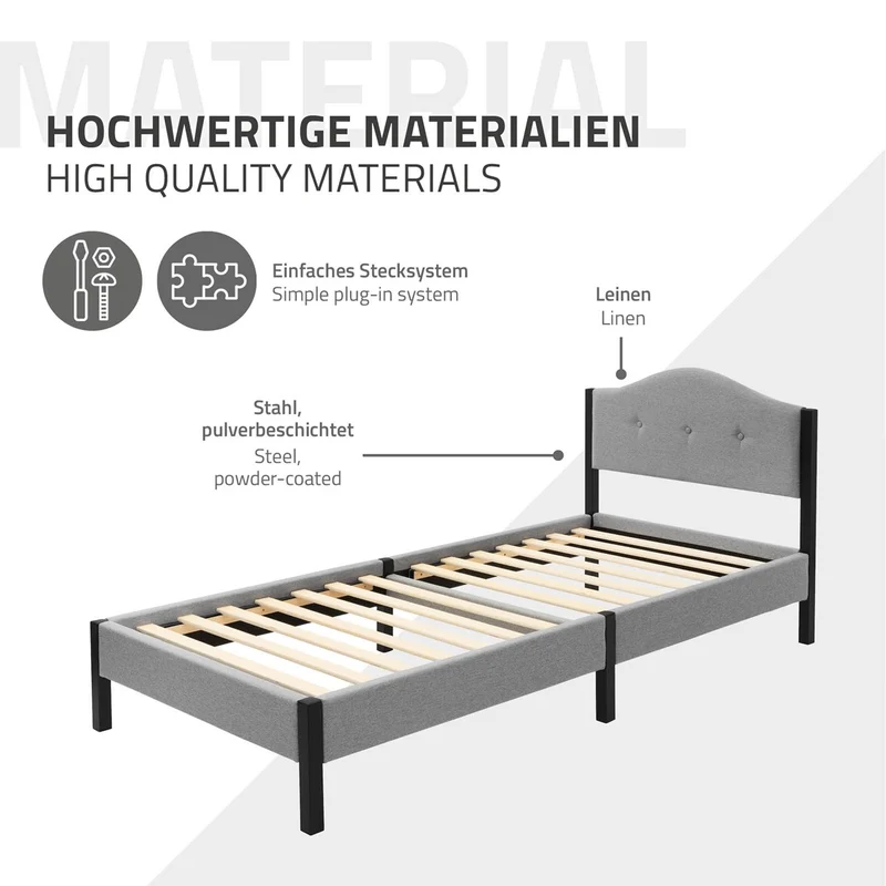Polsterbett 90x200 cm mit Matratze H:10cm, Grau, Einzelbett mit stabilem Bettgestell, Bett mit gepolstertes Kopfteil & Lattenrost, Jugendbett ML-Design
