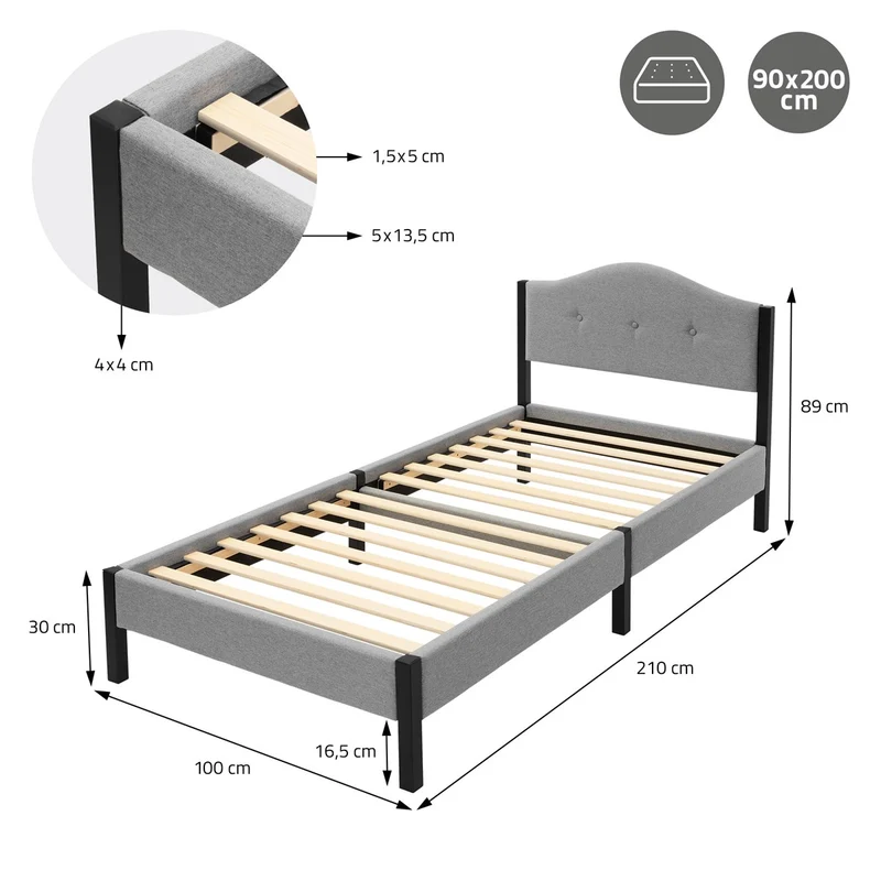 Polsterbett 90x200 cm mit Matratze H:10cm, Grau, Einzelbett mit stabilem Bettgestell, Bett mit gepolstertes Kopfteil & Lattenrost, Jugendbett ML-Design