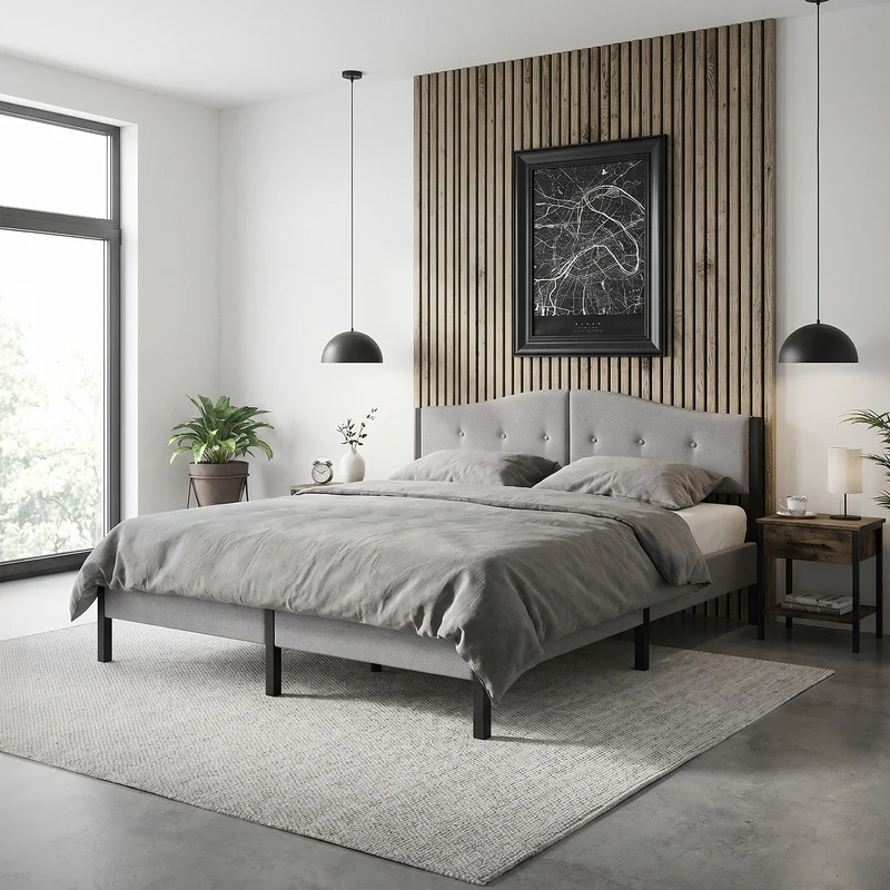 Polsterbett 180x200 cm, Grau, Doppelbett mit stabilem Bettgestell, Bett mit gepolstertes Kopfteil & Lattenrost, Jugendbett ML-Design