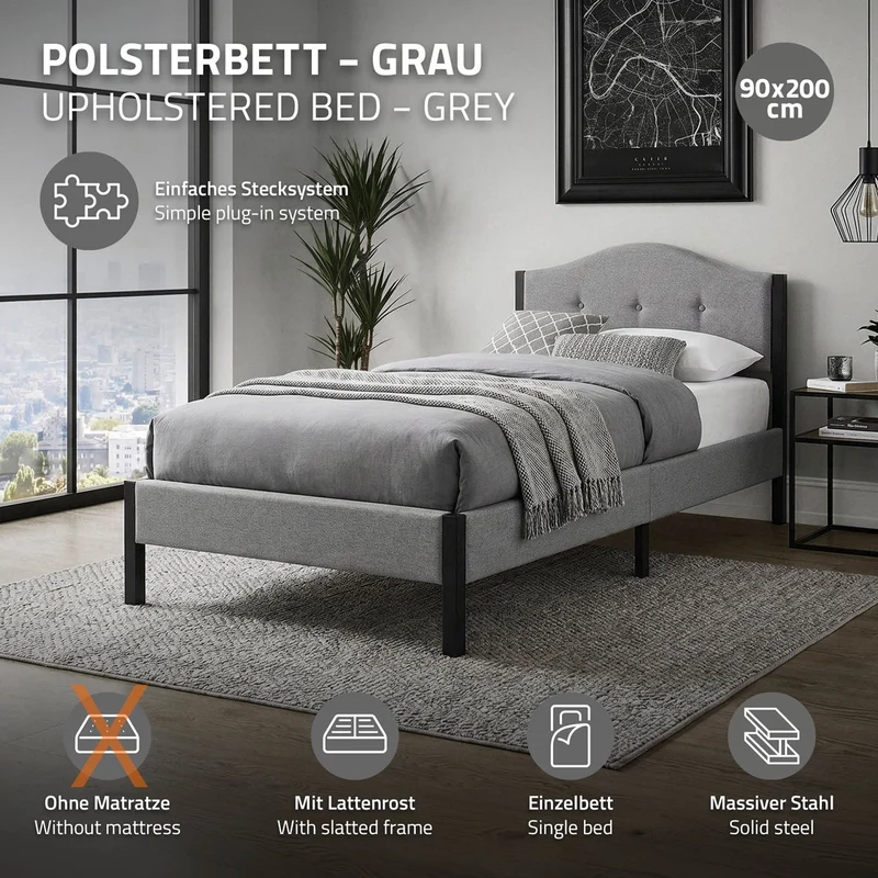 Polsterbett 90x200 cm, Grau, Einzelbett mit stabilem Bettgestell, Bett mit gepolstertes Kopfteil & Lattenrost, Jugendbett ML-Design