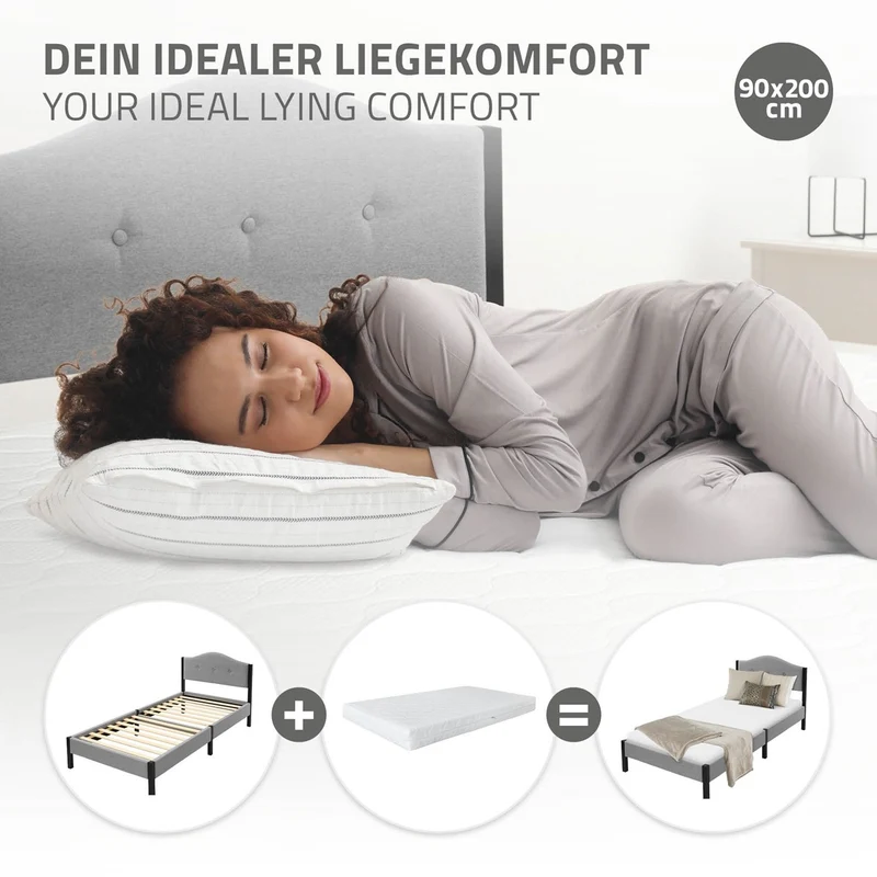 Polsterbett 90x200 cm, Grau, Einzelbett mit stabilem Bettgestell, Bett mit gepolstertes Kopfteil & Lattenrost, Jugendbett ML-Design