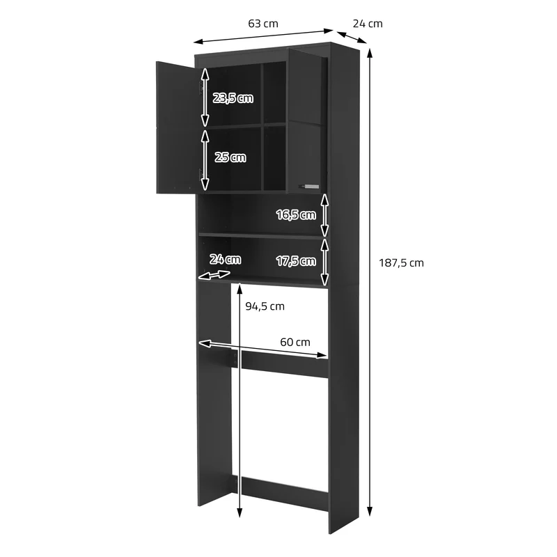 Waschmaschinenschrank Waschmaschinen Regal 63x24x187,5 cm mit 2 Türen und 2 Ablagen in Dunkelgrau ML-Design