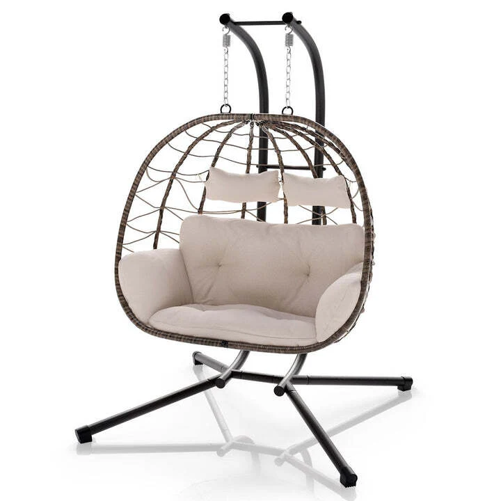 B-Ware Polyrattan Doppelhängesessel Aria Freischwingend mit Kissen für 2 Personen beige