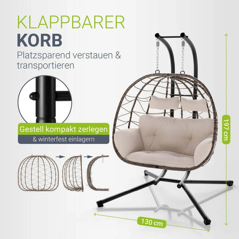 B-Ware Polyrattan Doppelhängesessel Aria Freischwingend mit Kissen für 2 Personen beige