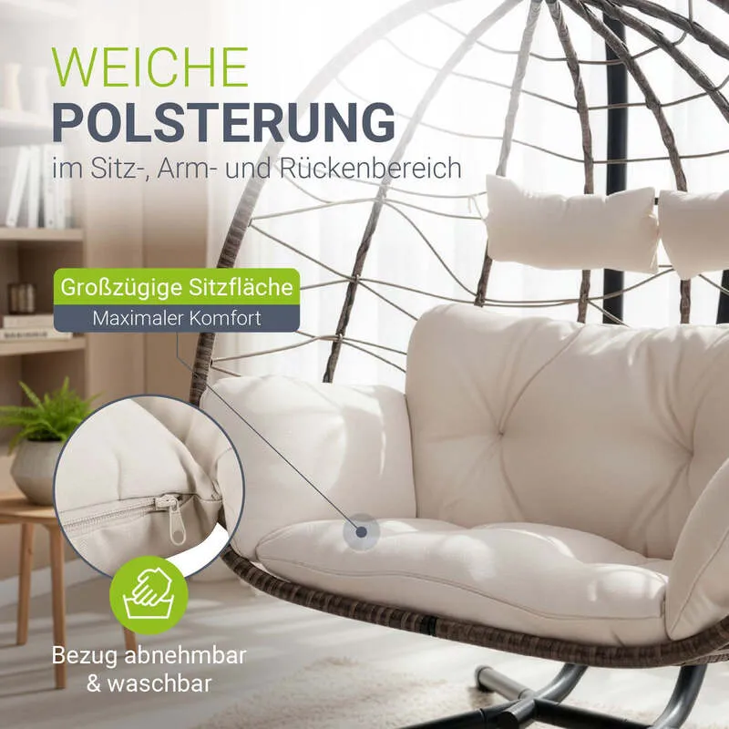 B-Ware Polyrattan Doppelhängesessel Aria Freischwingend mit Kissen für 2 Personen beige