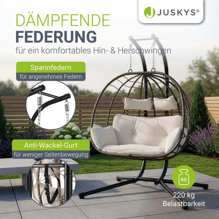 B-Ware Polyrattan Doppelhängesessel Aria Freischwingend mit Kissen für 2 Personen beige
