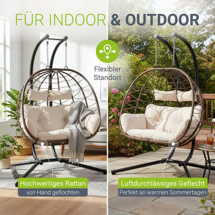 B-Ware Polyrattan Doppelhängesessel Aria Freischwingend mit Kissen für 2 Personen beige