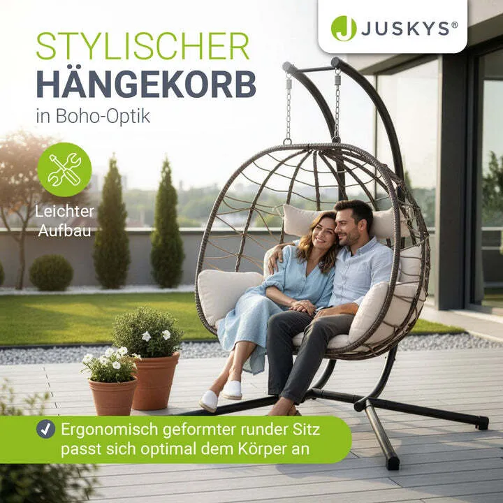 B-Ware Polyrattan Doppelhängesessel Aria Freischwingend mit Kissen für 2 Personen beige