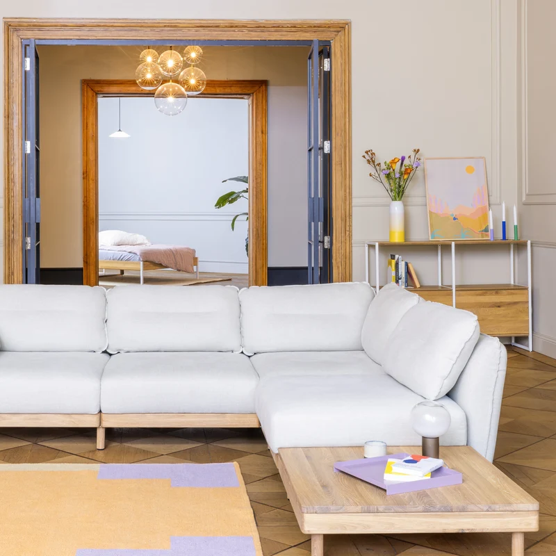 Ecksofa Mio Soft 5-Sitzer mit Chaiselongue & Tisch Eiche