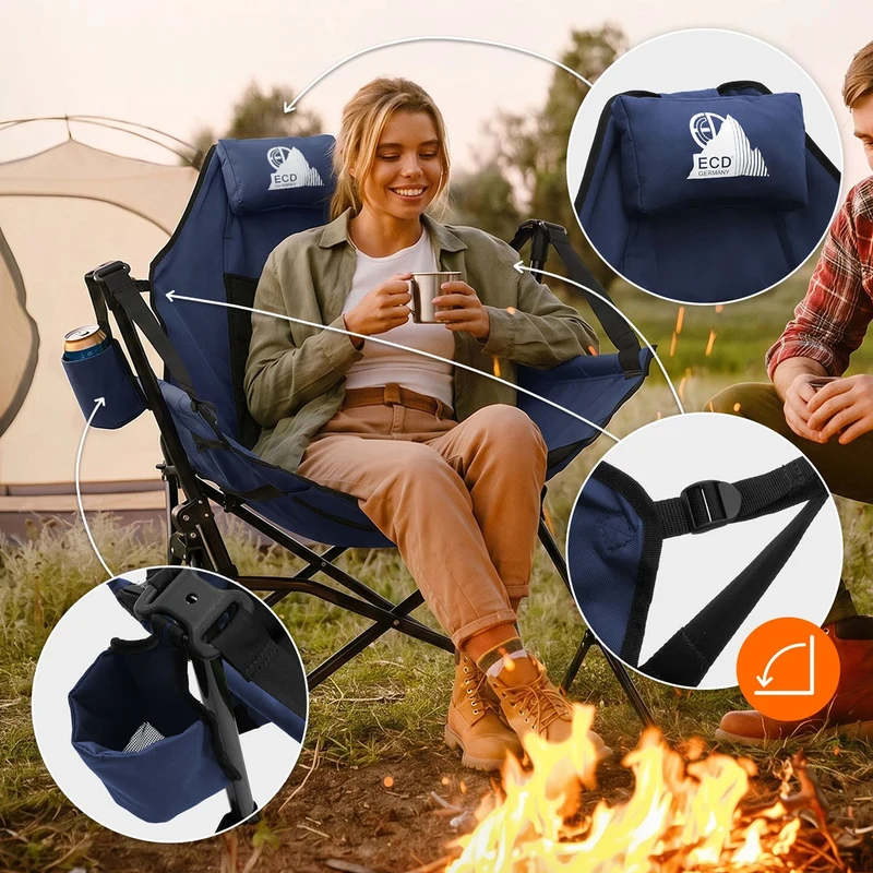 ECD GERMANY | Campingstuhl faltbar mit Stahlgestell Schaukelstuhl bis 150 kg Angelstuhl Klappstuhl verstellbare Rückenlehne Faltstuhl Outdoor