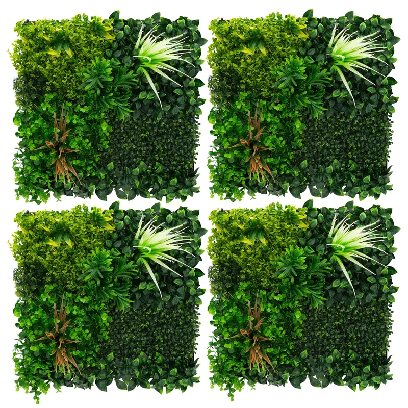 ECD Germany | Künstliche Pflanzenwand 4er Set 50x50 cm Grün Kunstpflanzen Wandpaneele Indoor Outdoor Blumenwand Sichtschutz Wandpflanzen