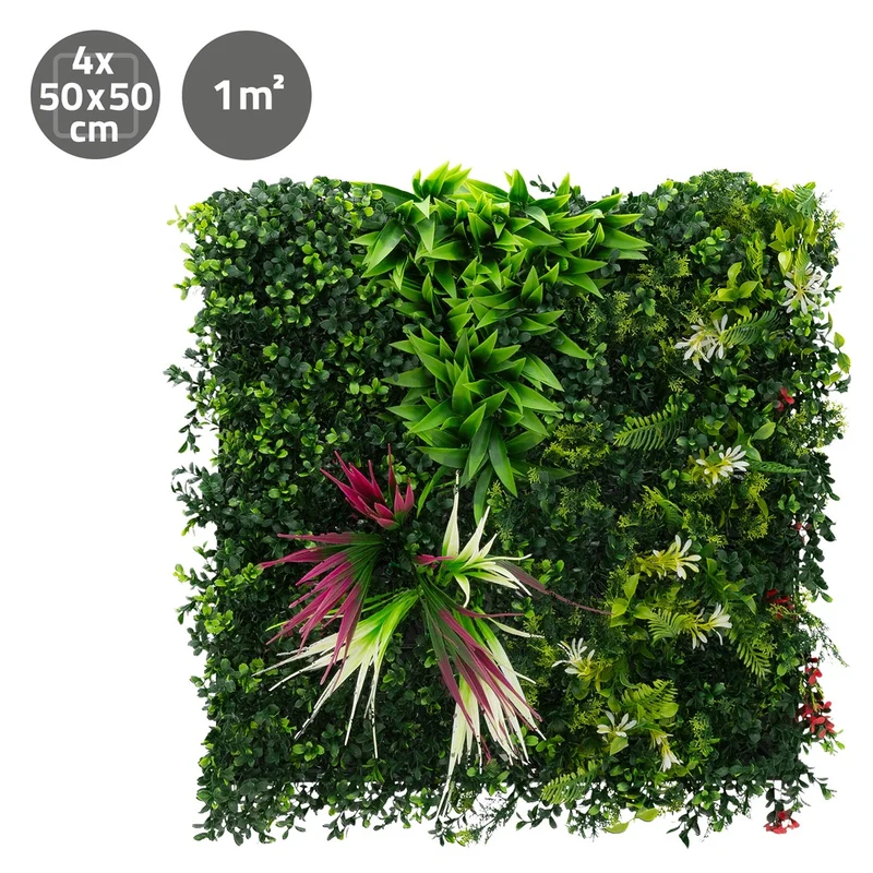 ECD Germany | Künstliche Pflanzenwand 4er Set 50x50 cm Grün Kunstpflanzen Wandpaneele Indoor Outdoor Blumenwand Sichtschutz Wandpflanzen