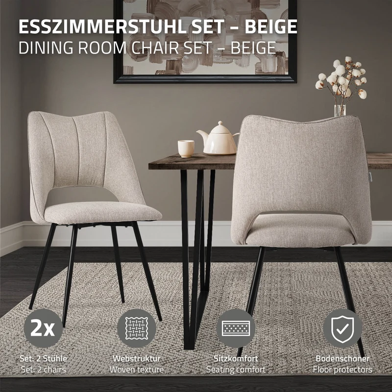 B-Ware Esszimmerstuhl 2er Set Beige gepolstert inkl. Montagematerial Polsterstuhl Küchenstuhl ML-Design