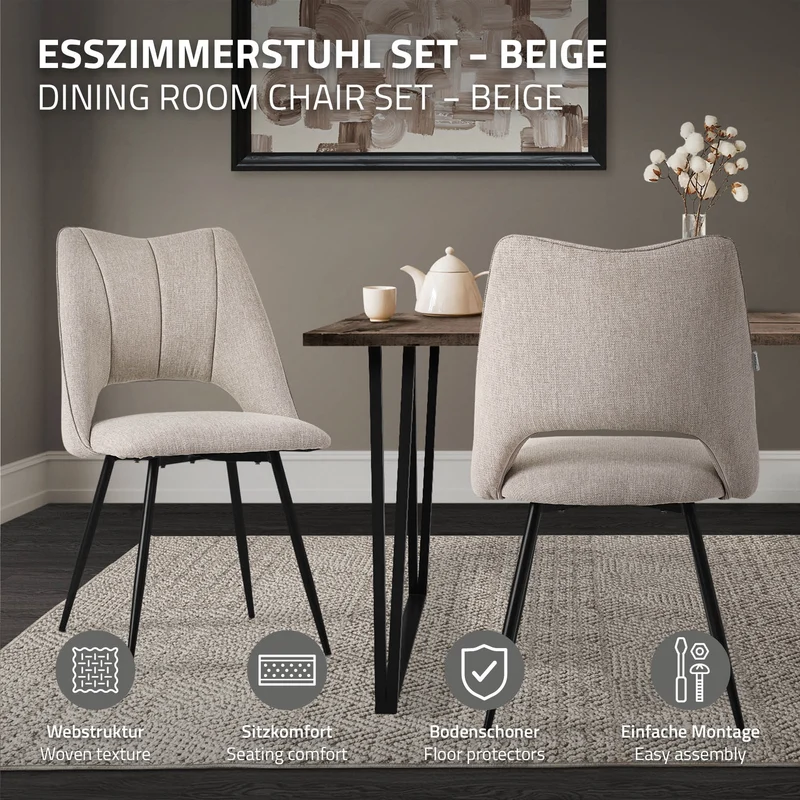 B-Ware Esszimmerstuhl 2er Set Beige gepolstert inkl. Montagematerial Polsterstuhl Küchenstuhl ML-Design