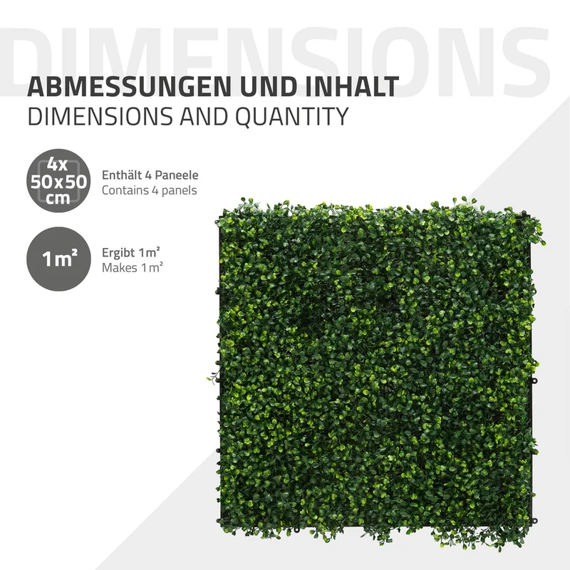 ECD Germany | Künstliche Pflanzenwand Classic Buxus 4er Set 50x50 cm Grün Kunstpflanzen Wandpaneele Indoor Outdoor Blumenwand Sichtschutz Wandpflanzen
