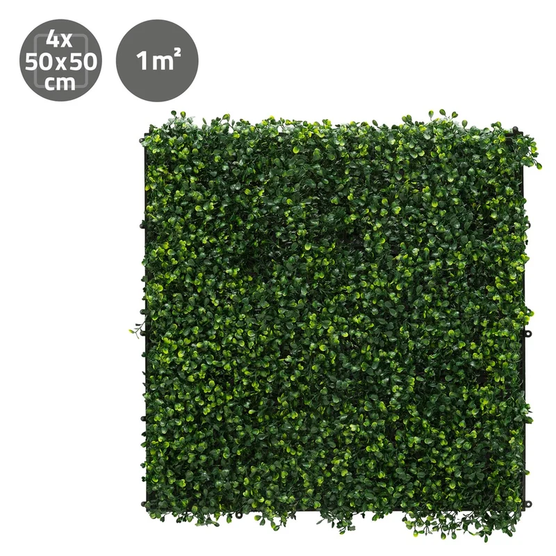 ECD Germany | Künstliche Pflanzenwand Classic Buxus 4er Set 50x50 cm Grün Kunstpflanzen Wandpaneele Indoor Outdoor Blumenwand Sichtschutz Wandpflanzen