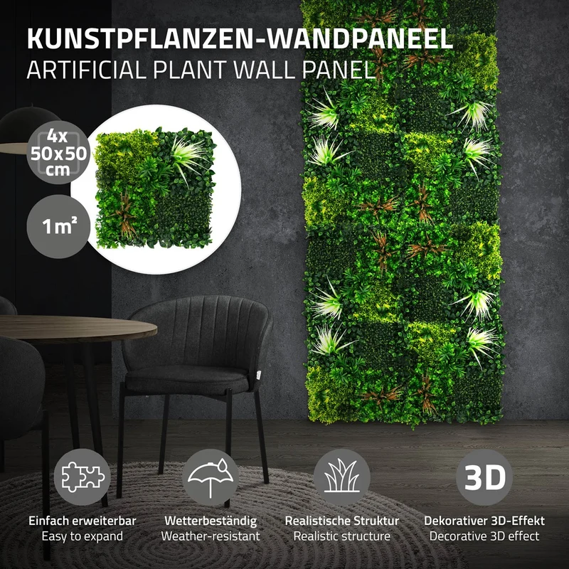 ECD Germany | Künstliche Pflanzenwand Sunburst 4er Set 50x50 cm Grün Kunstpflanzen Wandpaneele Indoor Outdoor Blumenwand Sichtschutz Wandpflanzen
