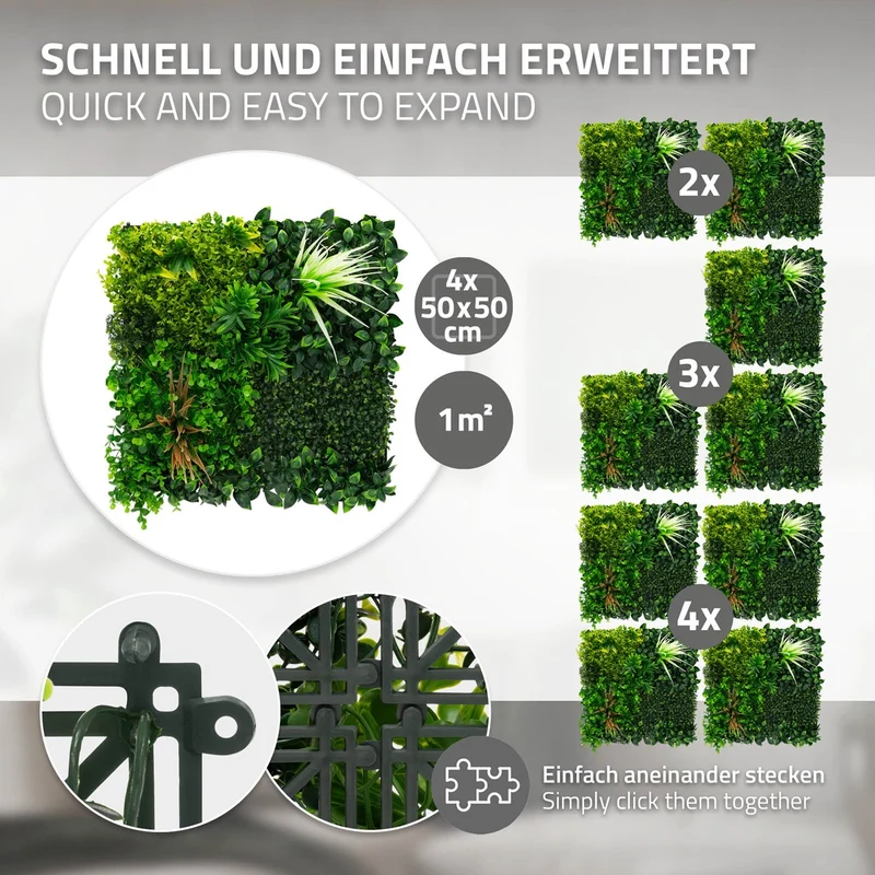 ECD Germany | Künstliche Pflanzenwand Sunburst 4er Set 50x50 cm Grün Kunstpflanzen Wandpaneele Indoor Outdoor Blumenwand Sichtschutz Wandpflanzen
