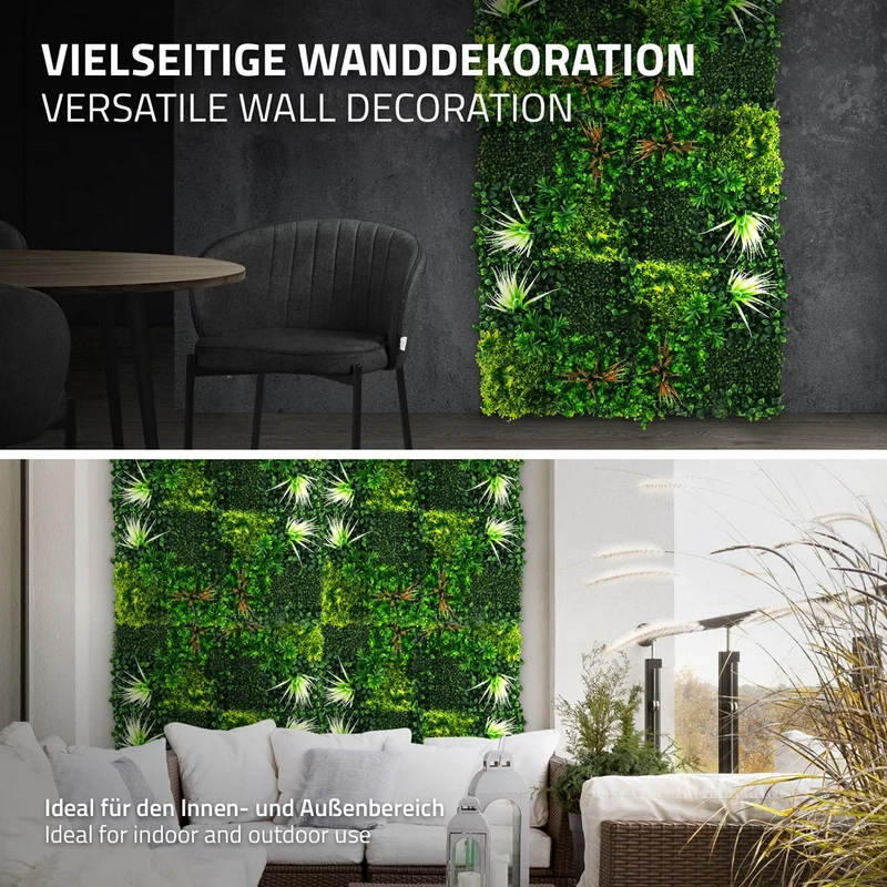 ECD Germany | Künstliche Pflanzenwand Sunburst 4er Set 50x50 cm Grün Kunstpflanzen Wandpaneele Indoor Outdoor Blumenwand Sichtschutz Wandpflanzen
