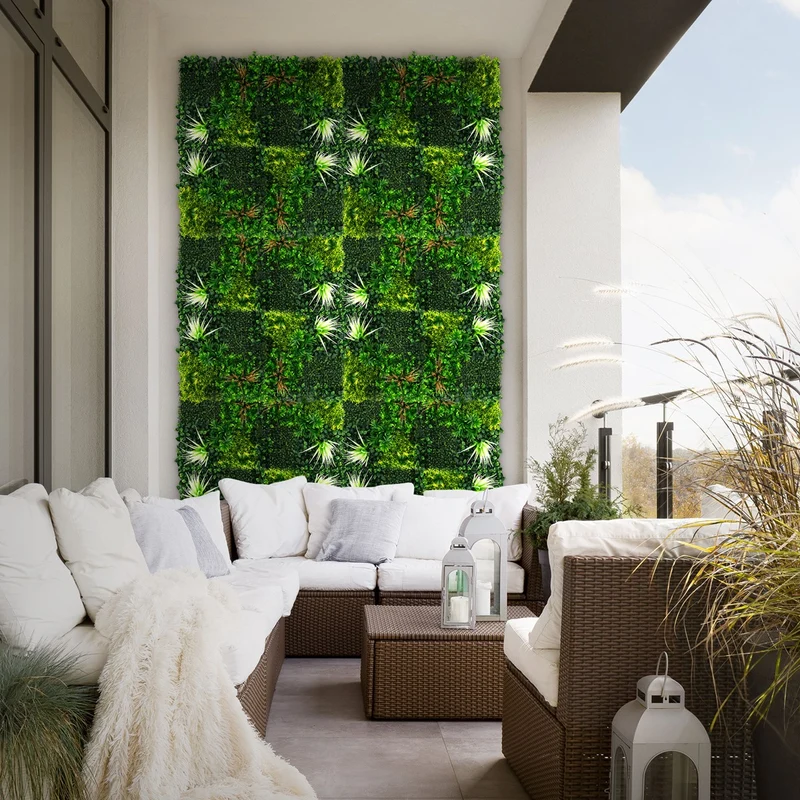 ECD Germany | Künstliche Pflanzenwand Sunburst 4er Set 50x50 cm Grün Kunstpflanzen Wandpaneele Indoor Outdoor Blumenwand Sichtschutz Wandpflanzen