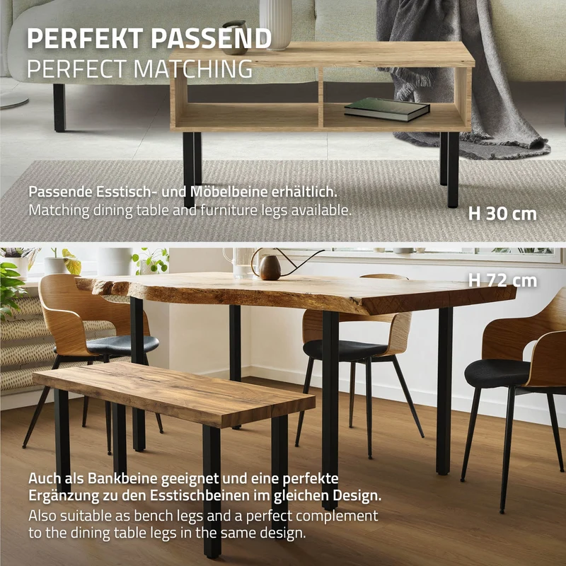 4er Set Tischbeine I-Design 42 cm Schwarz Tischgestell aus pulverbeschichteter Stahl, Profil 4x4 cm, höhenverstellbare Möbelfüße ML-Design