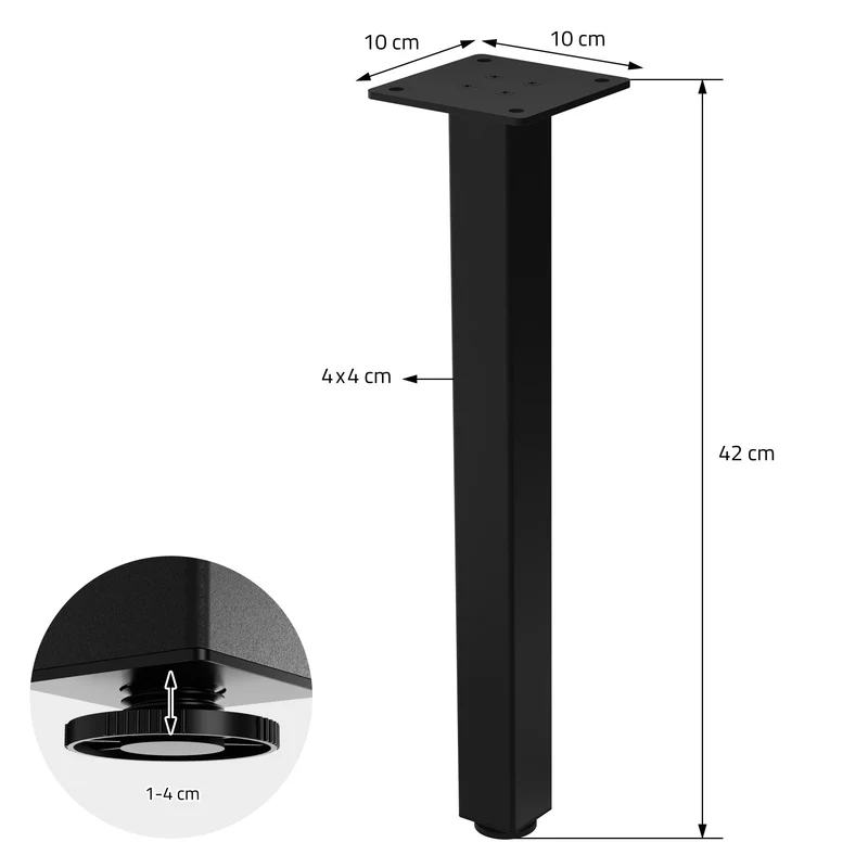 4er Set Tischbeine I-Design 42 cm Schwarz Tischgestell aus pulverbeschichteter Stahl, Profil 4x4 cm, höhenverstellbare Möbelfüße ML-Design