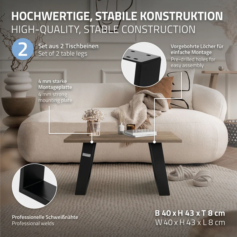 2er Set Tischkufen Bankkufen 80GRAD Neigung 40x43 cm Schwarz matt 8x2 cm Metall ML-Design