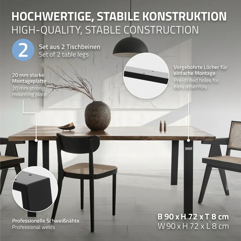 2er Set Tischbeine Loft 90x72 cm Schwarz Profil 8x2 cm aus Stahl U-Form ML-Design