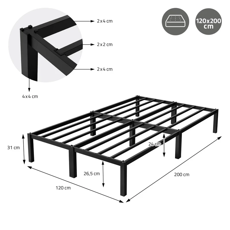 Bettgestell Doppelbett 120x200 cm aus Metall Schwarz mit Lattenrost ML-Design