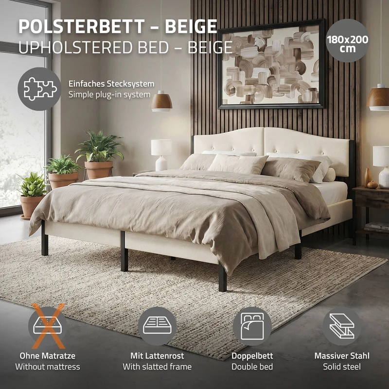 Polsterbett 180x200 cm, Beige, Doppelbett mit stabilem Bettgestell, Bett mit gepolstertes Kopfteil & Lattenrost, Jugendbett ML-Design